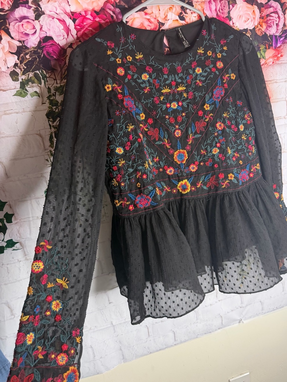 Zara Trafaluc Collection Black Floral Embroidered Swiss Dot Peplum Blouse - Picture 3 of 8